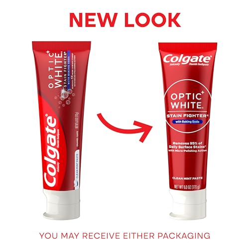 Image of Colgate Optic White Stain Fighter Toothpaste with Baking Soda, Fluoride Toothpaste with Baking Soda for Whitening Teeth, Helps Remove Daily Surface Stains, Clean Mint Paste, 6.0 oz (Pack of 2)