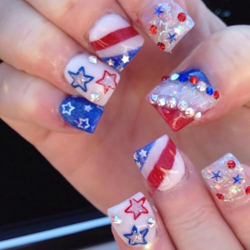 4th of July Short Press on Nails Square Nails with Rhinestone Patriotic Star Design Red White Blue Fake Nails Independence Day Full Cover Stick on Nail for Holiday Party Salon Manicure 24Pcs