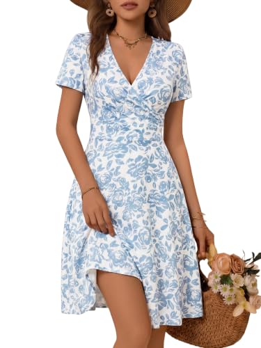 Image of MSBASIC Womens Summer Wrap V Neck Casual Dresses Floral Short Sleeve A-Line Midi Sundress
