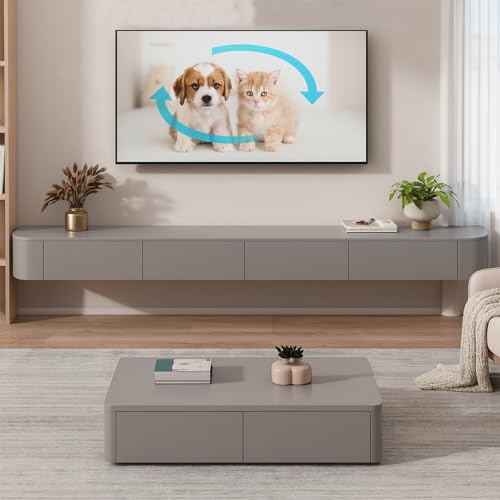 Ecoxsnz Floating TV Unit with Flip-Down Doors, 160 CM Wall Mounted TV Stand With Drawers, Floating TV Media Cabinet With Storage for Living Room & Bedroom (Grey, 160cm)