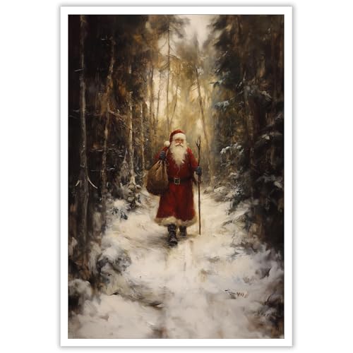 ECUASMR Decorazione da parete in tela di Natale vintage, Babbo Natale che cammina sulla neve, poster estetico di buon Natale per la decorazione da parete della famiglia, 61 x 91 cm, senza cornice