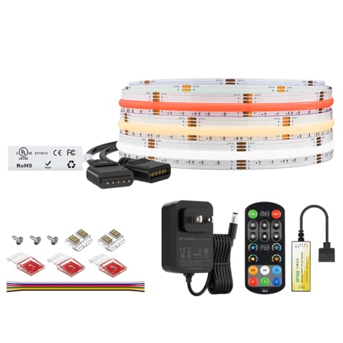 Image of BTF-LIGHTING FCOB COB RGBCCT Color Changing LED Strip with Remote,UL Listed Flexible High Density DC24V 9.8FT RGB+Tunable White 3000K-6000K RF Remote Controller 12mm Width 3M Tape for Home Decor