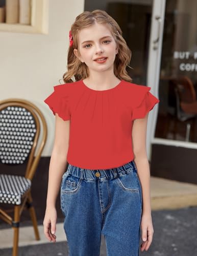Image of Arshiner Girls T Shirts Ruffle Short Sleeve Summer Pleated Crewneck Casual Tops Tees Blouses