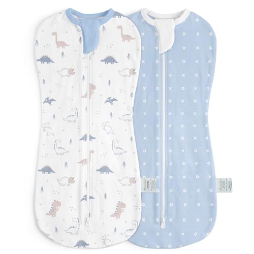 Baby Swaddle 0-2 Months Cotton Arm-In Zipper Sleep Sack Wearable Blankets Wrap for Newborn Infant Boys (Dinosaur Polka Dots Pack of 2)