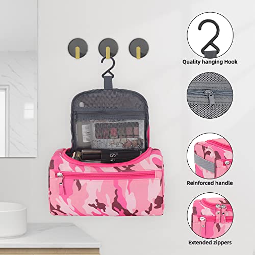 Buruis Hanging Toiletry Bag For Men & Women, Portable Travel Kit Cosmetic Organizer, Waterproof Makeup Shower Bag Shaving Dopp Kit For Travel, Trip, Vacation, Gym, Airplane (Camo Pink) #TOP1
