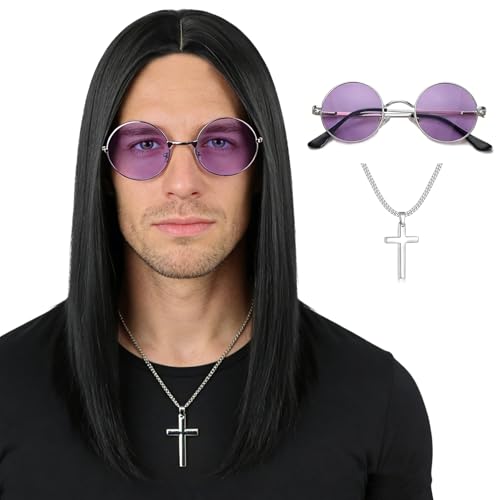Guree Hair Black Straight Wig + Glasses + Cross Necklace for Mens 80s Heavy Metal Singer Rocker Costume Middle Part Synthetic Funny Crazy Wigs for Retro Halloween Cosplay Party Use