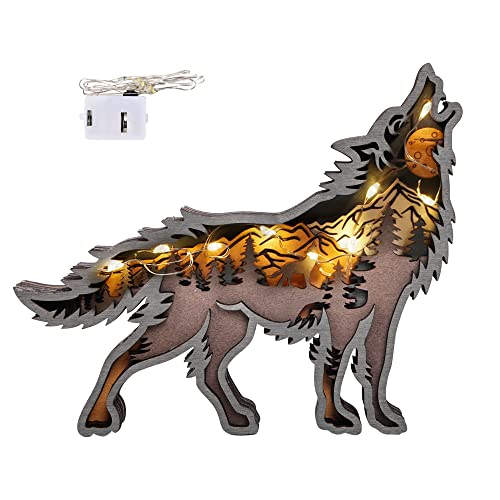 DAOUZL Ornements d'animaux en Bois, LED Style Rétro Sculpture en Bois, Animaux de la Forêt 3D Décoration de Loup, Figurine en Bois Rétro Sculpture pour Chambre,Salon,Bar Décoration(Loup) Cover