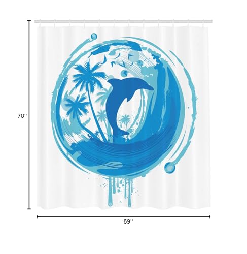 Ambesonne Dolphin Shower Curtain, Tropical Theme Maritime Image Ocean Inspired Image Exotic Trees and Birds Print, Cloth Fabric Bathroom Decor Set with Hooks, 69" W x 70" L, Blue Turquoise - Image 5
