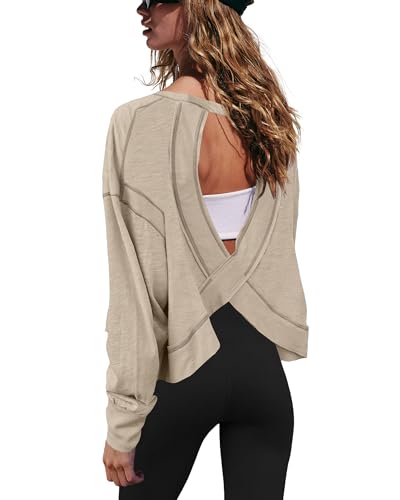 Gacaky Womens Open Back Loose Workout Tops Backless Long Sleeve Athletic Shirt Running Crop Top Gym Dance Tee