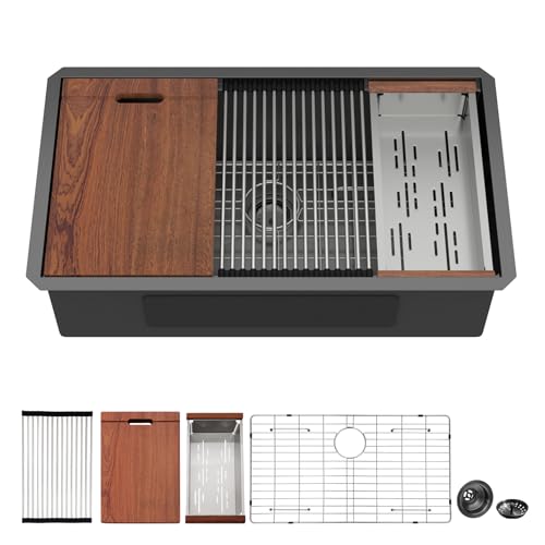 Mocoloo Black Undermount Kitchen Sink - 30x19 Kitchen Workstation Sink 16 Gauge Black Stainless Steel Single Bowl Handmade 30 Inch Undermount Ledge Workstation with Single Track by Mocoloo - Used condition - US$212.51