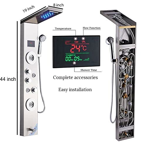 Sistema de torre de panel de ducha de acero inoxidable con cabezal de lluvia LED, ducha de mano, jets corporales, dispensador de agua para bañera y display de temperatura miniatura 7