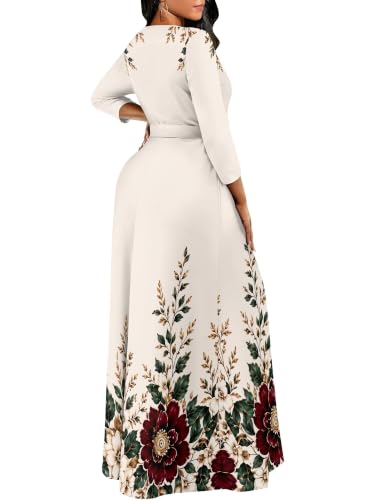 Image of Women Plus Size Long Sleeve V Neck Maxi Dress with Belt | Soft fabric relaxed fit three quarter sleeve v neck with pockets for party and daily wear