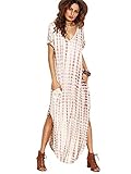 MakeMeChic Women's Boho Maxi Short Sleeve Split Pockets Tie Dye Long Dress A Coffee M