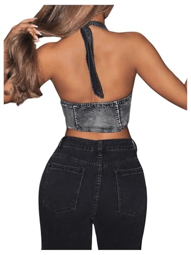 SHENHE Women's Y2k Denim Crop Top Deep V Zip Up Belted Halter Top Sexy Backless Asymmetrical Jean Corset2