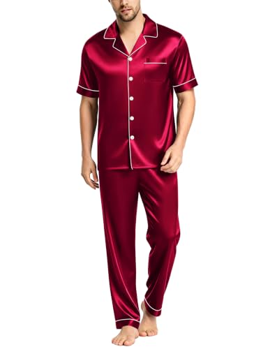 Image of SWOMOG Mens Satin Pajama Set Short Sleeve Classic Sleepwear Button Down Silky Loungewear with Long Pants