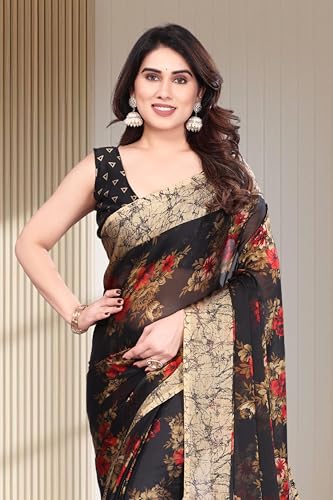 Image of SUPERLAXMI Women's Chiffon Floral Printed Saree with Blouse Piece