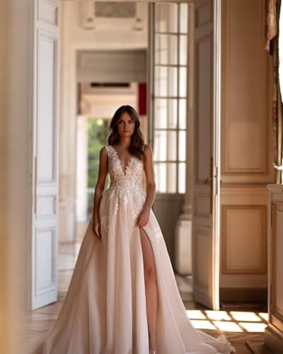 Sleeveless V Neck A Line Wedding Dresses for Bride 2025 Beach Boho Lace Applique Long Bride Gowns with Slit3