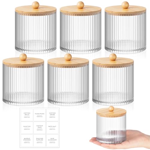 Yaomiao 6 Pcs Ribbed Bathroom Canisters Apothecary Jars with Wood Color Bamboo Lids and Label Stickers, 18 oz Plastic Canister with Fluted Design for Cotton Ball, Swab, Floss Picks House Storage