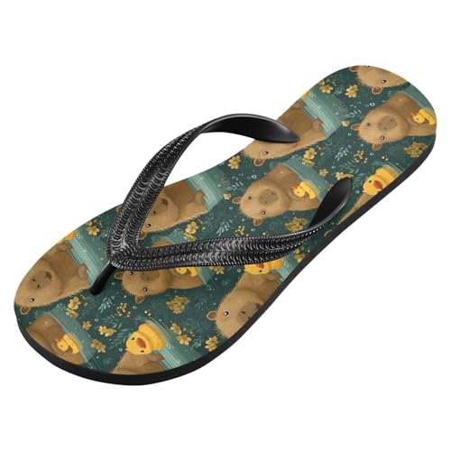 ALAZA Cute Capybara Yellow Ducks Flip Flops for Women Fashion Beach Slippers Comfort Mens Flip Flops Non-Slip Rubber Shower Slippers Sandal for Hotel Travel Sport,XS2