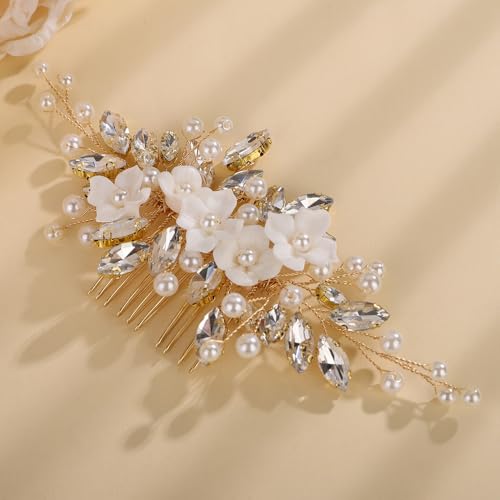 Peine para cabello con cristal y perlas dorado miniatura 3