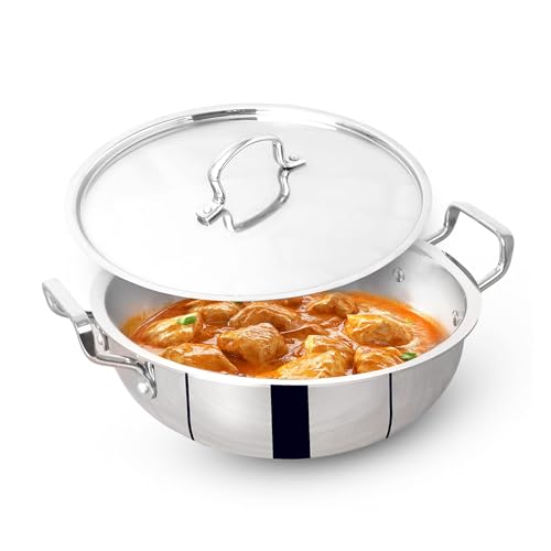 Image of The Indus Valley Triply Stainless Steel Deep Kadai /Kadhai 3.5 LTR with Stainless Steel Lid | 24 cm /9.44 inch,1.80kg | Induction Friendly | Nonstick 3-Layer Body, 100% Pure & Toxin-Free