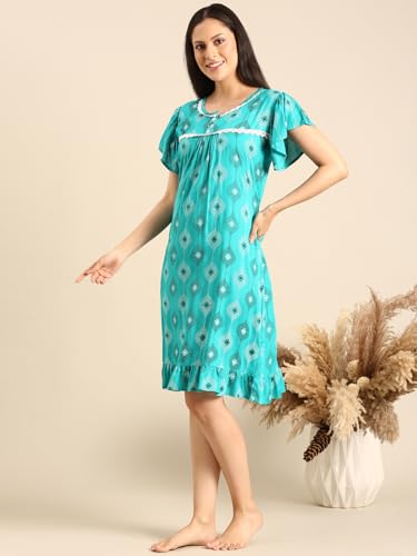 Image of Rupa Jon Aishwarya Women Short Printed Nighty in Premium Cotton Blend Fabric, Midi Length, Night Dress, Three-Fourth Length for Comfortable Everyday Wear