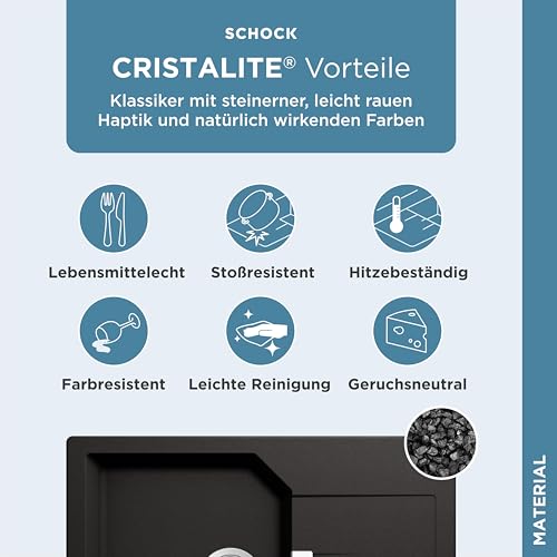 SCHOCK Küchenspüle Manhattan D-100S in Nero I Granitspüle mit Abtropffläche I Einbauspüle für 45 cm Unterschrank I kratzfeste Cristalite Spüle I pflegeleichte Design Spüle mit Excenterbedienung