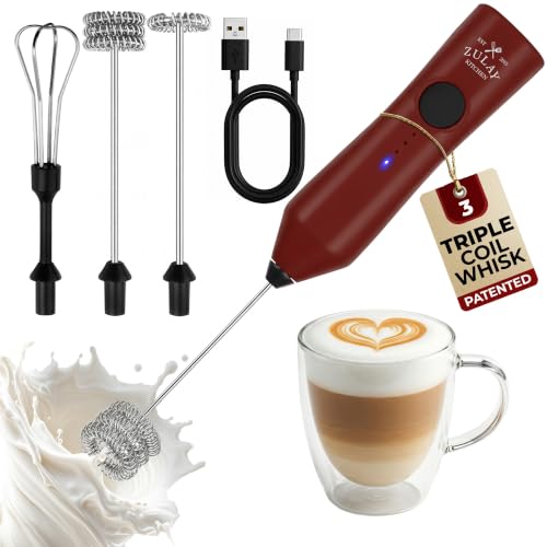 Image of Zulay Kitchen Rechargeable Milk Frother Handheld - Frother Wand, Drink Mixer, Electric Whisk Frother, for Cappuccinos, Matcha & Protein Powder - Dynamic 3 Whisk, 3 Speed 500mAh Red Black