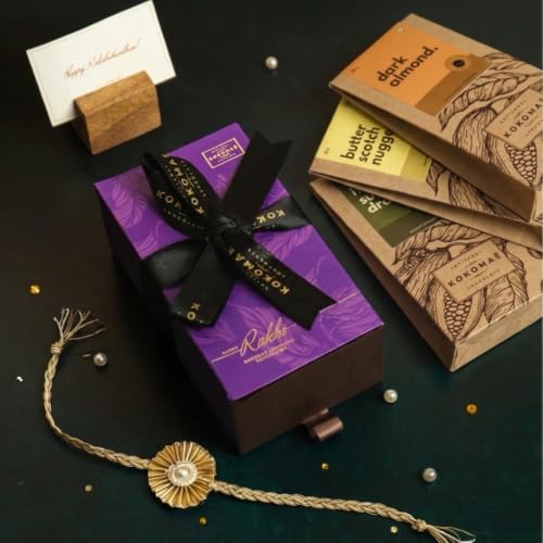 Image of KOKOMAE Raksha Bandhan Chocolate Gift Box | 3 Chocolate Coated Nut Bars - Dark Almond, Dark Hazelnut & Butterscotch Nuggets | Complimentary Rakhi & Greeting Card | Premium Festive Gift