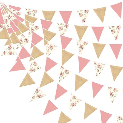 Rétro Rose Fleurs Toile de Jute Fanion Guirlande Bannière Bruant Décoration de Fête Rose Blush Florales Tissu Triangle Drapeau Banderole pour Fille Anniversaire Bapteme Mariage Mères Thé Festival Deco