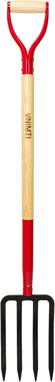 VNIMTI Garden Fork,4-Tine Spading Fork,Compost Fork,Steel Digging Fork,45Inch,Steel Y-Grip,Wooden Handle