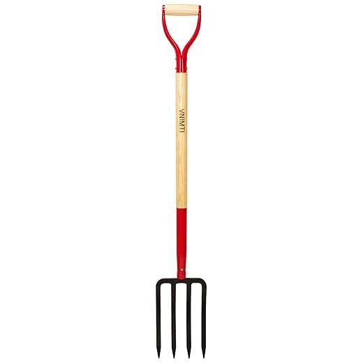 VNIMTI Garden Fork,4-Tine Spading Fork,Compost Fork,Steel Digging Fork,45Inch,Steel Y-Grip,Wooden Handle