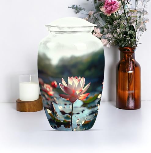 Image of Personalized Lotus - Memorial Urns For Mom & Dad - Decorative Urns For Ashes - 10 Inch - Large With Velvet Bag - Human Remains Urn - Cremation Urn For Ashes - Burial Urns - Large Funeral Urn