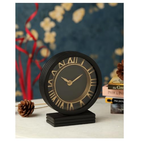 Image of Decor de Maison Metal Brings Handcrafted Aleksi Analog Table Clock for Kidsroom, Living Room, Bedroom, Study Table, Office Desk | Classic Non-Ticking Tabletop Battery Operated Desk Clock (Black)