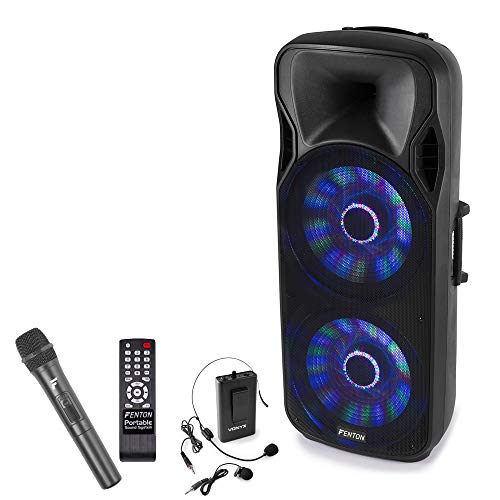 Fenton FT215LED Portable PA Speaker System 1600W with Double 15-inch Woofers, Bluetooth, USB MP3, Wireless Handheld & Bodypack Microphones, Battery Powered PA for Karaoke & Events