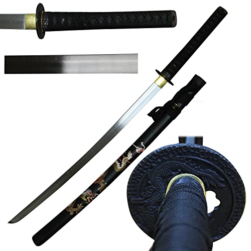Musha Hand Forged Japanese Katana Samurai Sword - 1045 High Carbon Steel Full Tang Blade for Collection, Gift, Straw Mat Cutting Practice (Black)