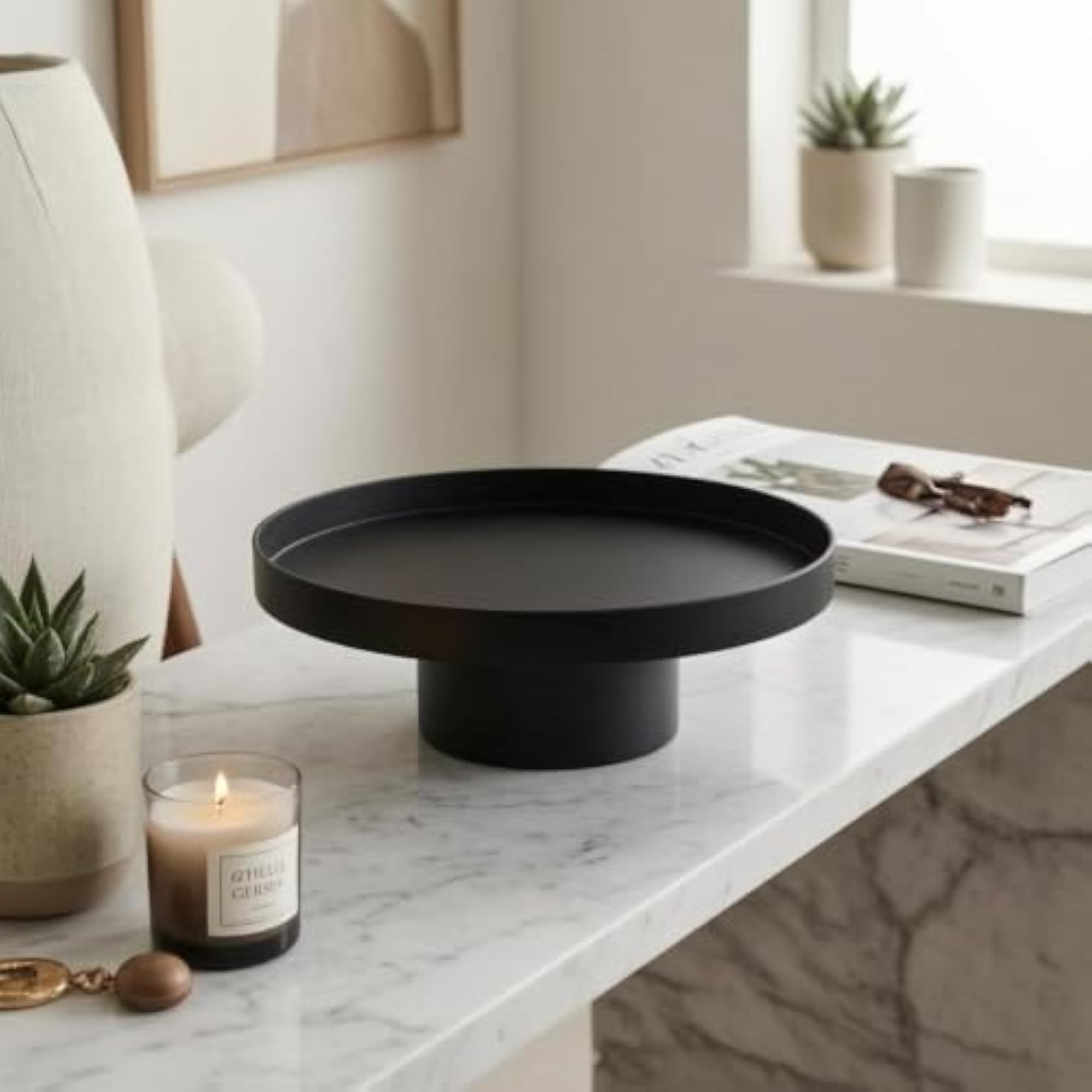 Minimalist White Round Tabletop Tray, Modern Decor Riser