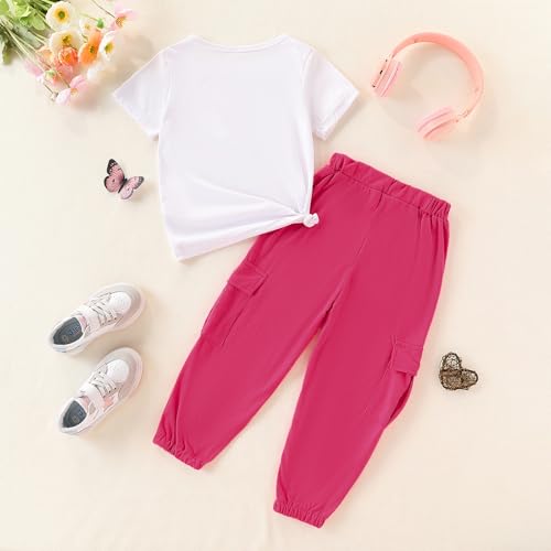 Image of Ayzozuy Kid Girl Clothes Outfits Figure Letter Graphic Tee Top + Flap Pocket Pants 2PC Clothing Set