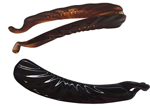Parcelona French Flare Set of 2 Shell Brown N Black Celluloid Ponytail Holder Banana Hair Clips