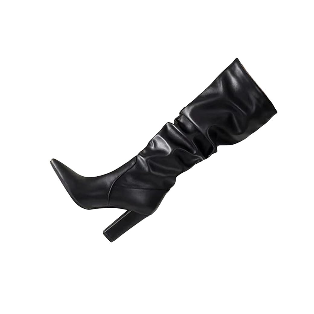 Womens High Heels Long Boots Fashion Chunky Pointed Toe Luxury Winter Boots