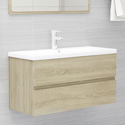 WKIEQACO Armarios y almacenamiento, unidades de tocador, unidades de tocador de baño, armario de lavabo con lavabo integrado, madera de roble Sonoma