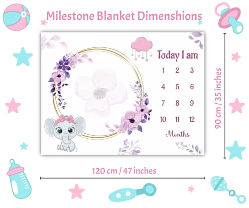 Image of Baby Monthly Milestone Blanket | 1-12 Months | Elephant Lavender Floral Edition | Ideal for Newborn Boys & Girls | Perfect Growth Tracker & Photoshoot Prop with Floral Wreath | 120x90 cm