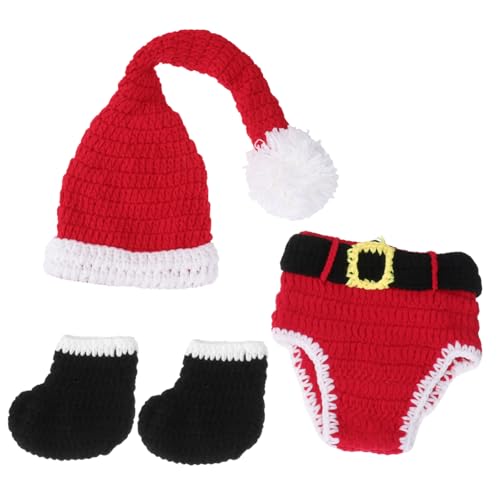 COMPUKAS Accesorios para Fotos de Bebés Recién Nacidos Gorro de Ganchillo Hecho a Mano Conjunto Papá Noel Pantalones y Calcetines Algodón Transpirable Unisex Adecuado para Fotografía y Baby Shower