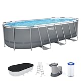 Bestway Power Steel 18' x 9' x 48' Oval Metal Frame Above Ground Outdoor Backyard Swimming Pool Set with 1500 GPH Filter Pump, Ladder, and Pool Cover
