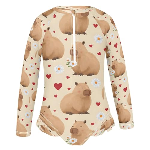 Capybara Love Daisy Flower Girls Long Sleeve Swimsuits One Piece Zipper Bathing Suit UPF 50+ Rashguard Swimwear2