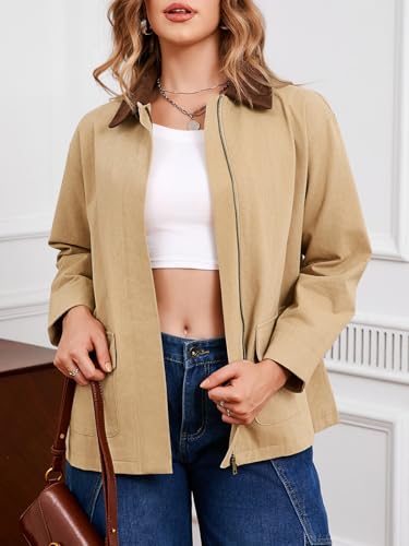 Tankaneo Womens Oversized Barn Jacket Zip Up Military Safari Jackets Fall Color Block Vintage Trench Coat with Pockets3