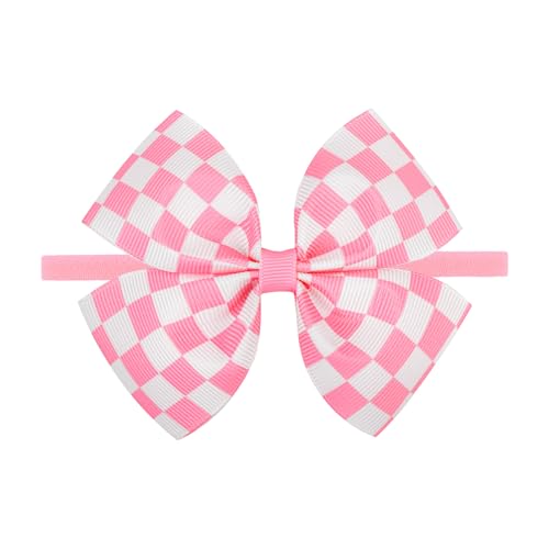 Image of ONENINEDREAM Pink Hair Bows for Girls Racing Baby Bow Checkered Flag White Bow Elastic Nylon Headband for Infant Toddler Newborn Hair Accessories Gift