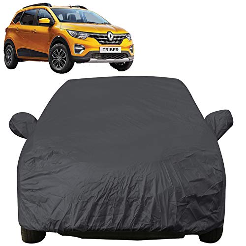 Image of Triber Dustproof Car Cover with Mirror Pockets, Grey Color, Taffeta Polyster,Triple Stitched, Compatible with Renaults Triber Car Cover (2019 to 2024), Triber Car Accessories