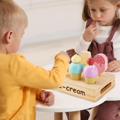 HERSITY Eiscreme Spielzeug Eisdiele Kinder Holz, EIS am Stiel Spielzeug Kaufladen Zubehör Spielküche Rollenspiele für Kind Mädchen Jungen 3 4 5 Jahren