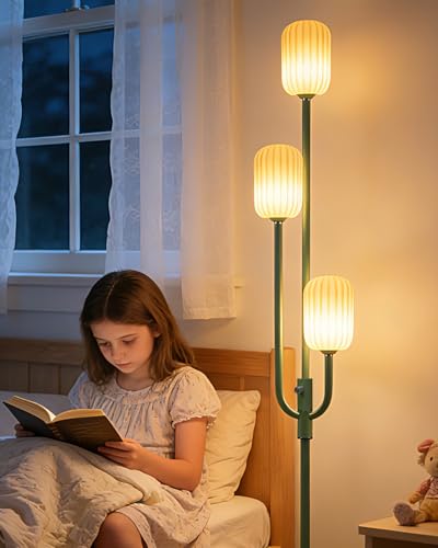 Image of Lightdot 66IN Dimmable Floor Lamp 3-Lights Vintage Green Floor Lamps with Cylindrical Shade& Bulbs Included for Wedding /Party Modern Tall Standing Lamp with 5Lbs Heavy Base for Living Room /Bedroom